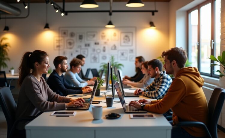 In einem hell erleuchteten, modernen Büro mit warmem Tageslicht sitzen motivierte Entwickler:innen unterschiedlichen Alters konzentriert vor ihren Bildschirmen, umgeben von moderner Technik und kreativen Skizzen an der Wand, während eine freundliche Atmosphäre von Zusammenarbeit und Innovation die Szene erfüllt.