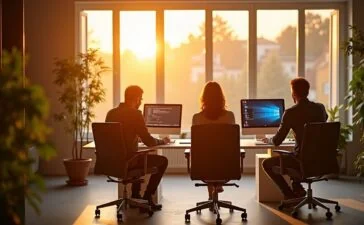 Ein warm erleuchtetes, modernes Entwicklerbüro im Sonnenlicht, in dem konzentrierte Softwareingenieure an hochmodernen Computern sitzen und in lebhafter Kollaboration an innovativen KI-Codierungsprojekten arbeiten – inspirierende Atmosphäre voller Kreativität und Fortschritt.