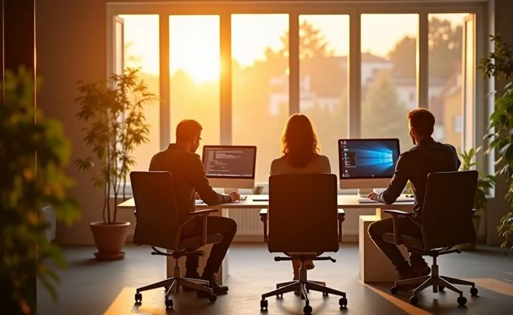 Ein warm erleuchtetes, modernes Entwicklerbüro im Sonnenlicht, in dem konzentrierte Softwareingenieure an hochmodernen Computern sitzen und in lebhafter Kollaboration an innovativen KI-Codierungsprojekten arbeiten – inspirierende Atmosphäre voller Kreativität und Fortschritt.