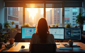 In einem hell erleuchteten, modernen Büro sitzt eine nachdenkliche Person zwischen vielfältigen Bildschirmen und Notizen, umgeben von warmem Tageslicht, das Vertrauen und Zukunftsverantwortung in der Welt der künstlichen Intelligenz symbolisiert.