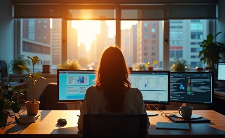 In einem hell erleuchteten, modernen Büro sitzt eine nachdenkliche Person zwischen vielfältigen Bildschirmen und Notizen, umgeben von warmem Tageslicht, das Vertrauen und Zukunftsverantwortung in der Welt der künstlichen Intelligenz symbolisiert.