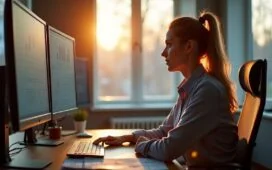 In einem hell erleuchteten, modernen Büro sitzt eine verantwortungsbewusste Führungskraft konzentriert vor mehreren Bildschirmen mit komplexen Daten und KI-Diagrammen, umgeben von warmem Tageslicht und einer Atmosphäre von Vertrauen und zukunftsweisender Verantwortung.