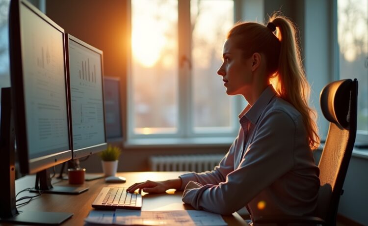 In einem hell erleuchteten, modernen Büro sitzt eine verantwortungsbewusste Führungskraft konzentriert vor mehreren Bildschirmen mit komplexen Daten und KI-Diagrammen, umgeben von warmem Tageslicht und einer Atmosphäre von Vertrauen und zukunftsweisender Verantwortung.