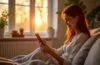 Ein warmes, hell erleuchtetes Smart-Home-Interieur bei Tageslicht, in dem eine entspannte Person mit einem Smartphone in der Hand lächelnd eine moderne, intuitive Steuerungs-App benutzt – umgeben von stilvoll integrierten HomeKit-kompatiblen Geräten und sanften Reflektionen natürlicher Lichtquellen, die den Fortschritt und die Offenheit moderner Hausautomation einladend vermitteln.