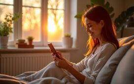 Ein warmes, hell erleuchtetes Smart-Home-Interieur bei Tageslicht, in dem eine entspannte Person mit einem Smartphone in der Hand lächelnd eine moderne, intuitive Steuerungs-App benutzt – umgeben von stilvoll integrierten HomeKit-kompatiblen Geräten und sanften Reflektionen natürlicher Lichtquellen, die den Fortschritt und die Offenheit moderner Hausautomation einladend vermitteln.