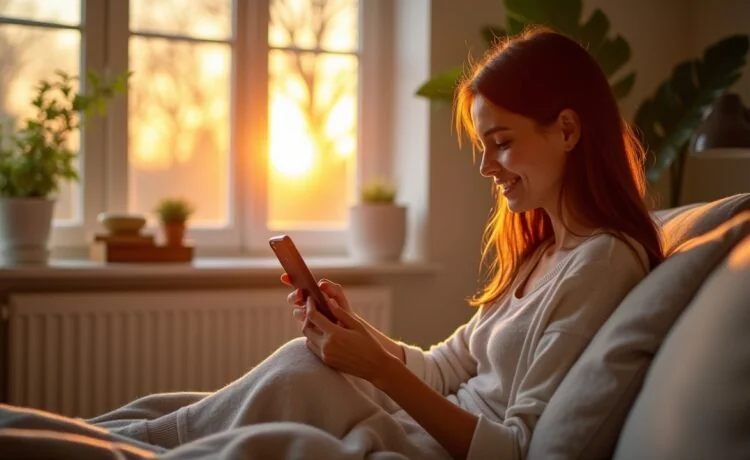 Ein warmes, hell erleuchtetes Smart-Home-Interieur bei Tageslicht, in dem eine entspannte Person mit einem Smartphone in der Hand lächelnd eine moderne, intuitive Steuerungs-App benutzt – umgeben von stilvoll integrierten HomeKit-kompatiblen Geräten und sanften Reflektionen natürlicher Lichtquellen, die den Fortschritt und die Offenheit moderner Hausautomation einladend vermitteln.