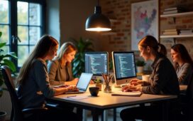 Ein warm erleuchtetes, modernes Entwicklerbüro mit konzentrierten Programmierer:innen vor hellen Bildschirmen, die gemeinsam an sauber strukturiertem Code arbeiten, umgeben von Notizbüchern und Kaffeetassen, in einer freundlichen, natürlichen Lichtstimmung, die den kreativen Teamgeist und die Präzision bei der Codeoptimierung spürbar macht.