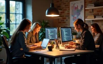 Ein warm erleuchtetes, modernes Entwicklerbüro mit konzentrierten Programmierer:innen vor hellen Bildschirmen, die gemeinsam an sauber strukturiertem Code arbeiten, umgeben von Notizbüchern und Kaffeetassen, in einer freundlichen, natürlichen Lichtstimmung, die den kreativen Teamgeist und die Präzision bei der Codeoptimierung spürbar macht.