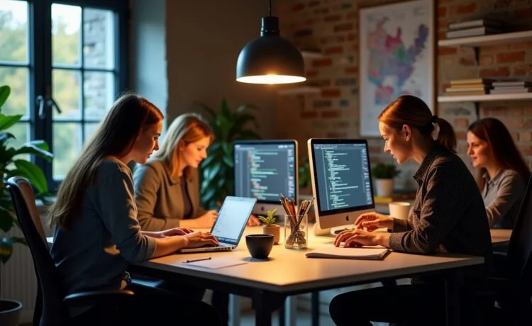 Ein warm erleuchtetes, modernes Entwicklerbüro mit konzentrierten Programmierer:innen vor hellen Bildschirmen, die gemeinsam an sauber strukturiertem Code arbeiten, umgeben von Notizbüchern und Kaffeetassen, in einer freundlichen, natürlichen Lichtstimmung, die den kreativen Teamgeist und die Präzision bei der Codeoptimierung spürbar macht.