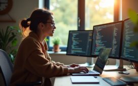 Ein heller, natürlicher Arbeitsraum mit Entwicklerin am modernen Laptop, umgeben von Notizen und Bildschirmen, die komplexe Webcodes in ruhiger, freundlicher Atmosphäre unter warmem Tageslicht zeigen.