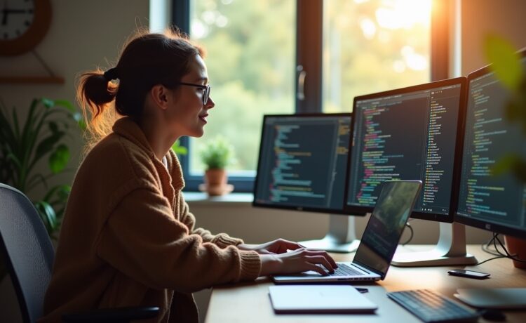 Ein heller, natürlicher Arbeitsraum mit Entwicklerin am modernen Laptop, umgeben von Notizen und Bildschirmen, die komplexe Webcodes in ruhiger, freundlicher Atmosphäre unter warmem Tageslicht zeigen.