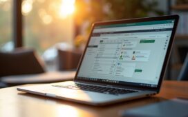 Ein hell erleuchteter, moderner Arbeitsplatz mit einem Laptop, auf dessen Bildschirm eine übersichtliche, modulare Softwareoberfläche zur Dokumentenverwaltung zu sehen ist, umgeben von entspannter Teamatmosphäre und warmem Tageslicht, das Produktivität und innovative Zusammenarbeit im Web symbolisiert.