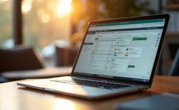 Ein hell erleuchteter, moderner Arbeitsplatz mit einem Laptop, auf dessen Bildschirm eine übersichtliche, modulare Softwareoberfläche zur Dokumentenverwaltung zu sehen ist, umgeben von entspannter Teamatmosphäre und warmem Tageslicht, das Produktivität und innovative Zusammenarbeit im Web symbolisiert.