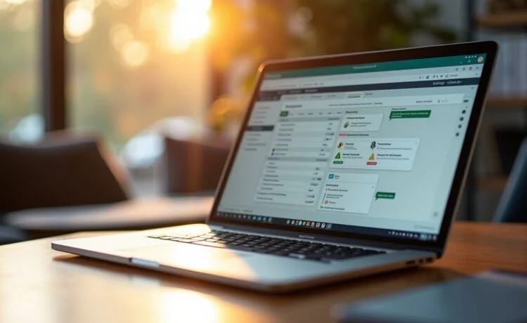 Ein hell erleuchteter, moderner Arbeitsplatz mit einem Laptop, auf dessen Bildschirm eine übersichtliche, modulare Softwareoberfläche zur Dokumentenverwaltung zu sehen ist, umgeben von entspannter Teamatmosphäre und warmem Tageslicht, das Produktivität und innovative Zusammenarbeit im Web symbolisiert.