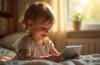 Ein warm beleuchtetes, natürliches Porträt eines nachdenklich lächelnden Kindes, das in einem hellen, freundlichen Zimmer an einem Tablet mit einem Chat-Interface interagiert, umgeben von sanftem Tageslicht und subtilen Details, die Nähe und digitale Verbundenheit vermitteln.