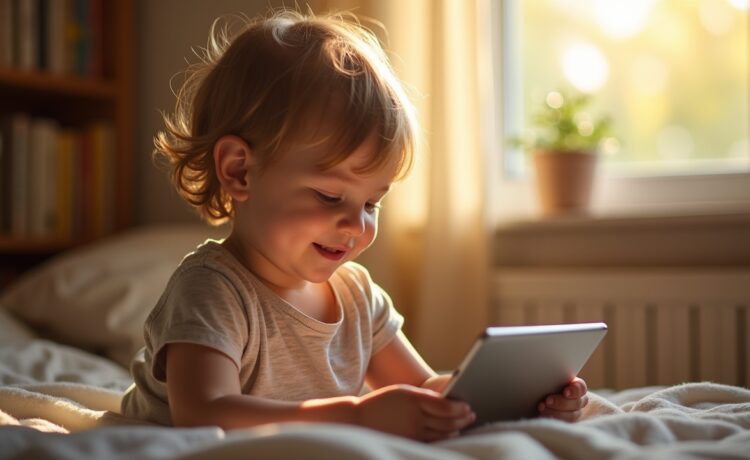 Ein warm beleuchtetes, natürliches Porträt eines nachdenklich lächelnden Kindes, das in einem hellen, freundlichen Zimmer an einem Tablet mit einem Chat-Interface interagiert, umgeben von sanftem Tageslicht und subtilen Details, die Nähe und digitale Verbundenheit vermitteln.