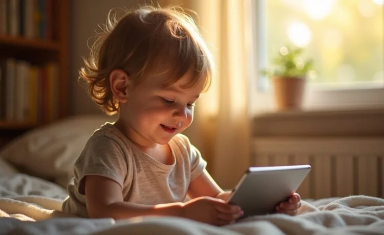Ein warm beleuchtetes, natürliches Porträt eines nachdenklich lächelnden Kindes, das in einem hellen, freundlichen Zimmer an einem Tablet mit einem Chat-Interface interagiert, umgeben von sanftem Tageslicht und subtilen Details, die Nähe und digitale Verbundenheit vermitteln.