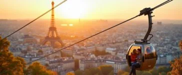 Ein strahlender Herbsttag über Paris mit der modernen Câble C1 Seilbahn, die elegant und leise über grüne Stadtrandgebiete hinweggleitet, während zufriedene Menschen in hellen, lebendigen Farben entspannt die sonnendurchflutete Kabine genießen und im Hintergrund die Silhouette der Stadt in warmem, natürlichem Licht erstrahlt.