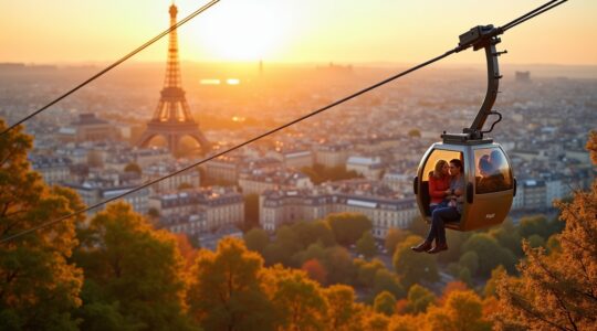 Ein strahlender Herbsttag über Paris mit der modernen Câble C1 Seilbahn, die elegant und leise über grüne Stadtrandgebiete hinweggleitet, während zufriedene Menschen in hellen, lebendigen Farben entspannt die sonnendurchflutete Kabine genießen und im Hintergrund die Silhouette der Stadt in warmem, natürlichem Licht erstrahlt.