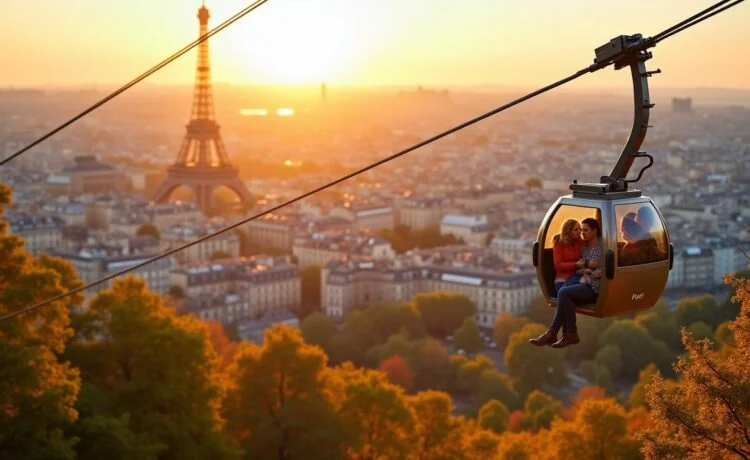 Ein strahlender Herbsttag über Paris mit der modernen Câble C1 Seilbahn, die elegant und leise über grüne Stadtrandgebiete hinweggleitet, während zufriedene Menschen in hellen, lebendigen Farben entspannt die sonnendurchflutete Kabine genießen und im Hintergrund die Silhouette der Stadt in warmem, natürlichem Licht erstrahlt.