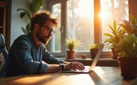 Ein strahlend helles, modernes Büro mit natürlichen Sonnenstrahlen, in dem ein konzentrierter Entwickler an einem Laptop komplexen Quellcode prüft, umgeben von stilvollen technischen Details und warmen Holztönen, die eine einladende, kreative Arbeitsatmosphäre voller Fokus und Fortschritt ausstrahlen.