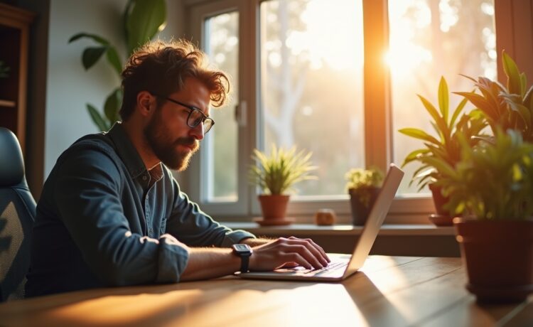 Ein strahlend helles, modernes Büro mit natürlichen Sonnenstrahlen, in dem ein konzentrierter Entwickler an einem Laptop komplexen Quellcode prüft, umgeben von stilvollen technischen Details und warmen Holztönen, die eine einladende, kreative Arbeitsatmosphäre voller Fokus und Fortschritt ausstrahlen.