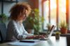 Ein strahlend helles, natürlich beleuchtetes Büroambiente mit einer konzentrierten Person, die entspannt an einem Laptop sitzt und sicherheitsbewusst einen Passwortmanager nutzt, umgeben von warmen Farbtönen und moderner Technik, die Vertrauen und digitale Sicherheit symbolisieren.