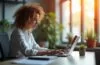 Ein strahlend helles, natürlich beleuchtetes Büroambiente mit einer konzentrierten Person, die entspannt an einem Laptop sitzt und sicherheitsbewusst einen Passwortmanager nutzt, umgeben von warmen Farbtönen und moderner Technik, die Vertrauen und digitale Sicherheit symbolisieren.