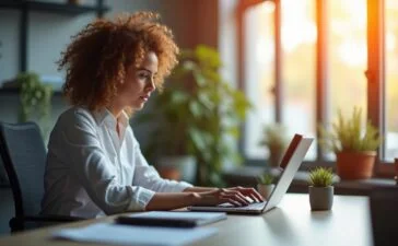 Ein strahlend helles, natürlich beleuchtetes Büroambiente mit einer konzentrierten Person, die entspannt an einem Laptop sitzt und sicherheitsbewusst einen Passwortmanager nutzt, umgeben von warmen Farbtönen und moderner Technik, die Vertrauen und digitale Sicherheit symbolisieren.