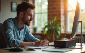 Ein helles, einladendes Foto zeigt einen konzentrierten PC-Bastler an einem aufgeräumten Schreibtisch, umgeben von modernen Mini-PC-Komponenten und kompakten SO-DIMM-RAM-Modulen, wobei warmes Tageslicht durch ein Fenster fällt und die Szene mit natürlicher, freundlicher Atmosphäre durchflutet.