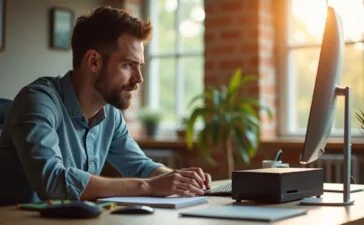 Ein helles, einladendes Foto zeigt einen konzentrierten PC-Bastler an einem aufgeräumten Schreibtisch, umgeben von modernen Mini-PC-Komponenten und kompakten SO-DIMM-RAM-Modulen, wobei warmes Tageslicht durch ein Fenster fällt und die Szene mit natürlicher, freundlicher Atmosphäre durchflutet.