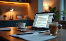 Ein warm beleuchtetes, modernes Büro mit einem offenliegenden Laptop, auf dessen Bildschirm ein PDF-Dokument mit hervorgehobenen Stellen sichtbar ist, umgeben von Notizblöcken und einer Tasse Kaffee – eine authentische Szene, die sorgfältige digitale Arbeit und verlässliche Dokumentensicherheit in freundlicher Atmosphäre vermittelt.