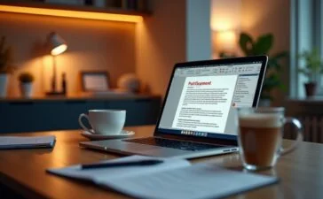 Ein warm beleuchtetes, modernes Büro mit einem offenliegenden Laptop, auf dessen Bildschirm ein PDF-Dokument mit hervorgehobenen Stellen sichtbar ist, umgeben von Notizblöcken und einer Tasse Kaffee – eine authentische Szene, die sorgfältige digitale Arbeit und verlässliche Dokumentensicherheit in freundlicher Atmosphäre vermittelt.