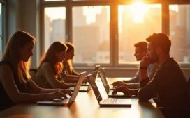 Ein hell erleuchtetes, modernes Büro mit Personen, die konzentriert an Laptops und Tablets arbeiten, während warme Sonnenstrahlen durch große Fenster fallen und eine freundliche, zugleich achtsame Atmosphäre schaffen, die die komplexe Herausforderung digitaler Sicherheitsrisiken wie Phishing subtil widerspiegelt.