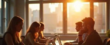 Ein hell erleuchtetes, modernes Büro mit Personen, die konzentriert an Laptops und Tablets arbeiten, während warme Sonnenstrahlen durch große Fenster fallen und eine freundliche, zugleich achtsame Atmosphäre schaffen, die die komplexe Herausforderung digitaler Sicherheitsrisiken wie Phishing subtil widerspiegelt.