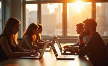 Ein hell erleuchtetes, modernes Büro mit Personen, die konzentriert an Laptops und Tablets arbeiten, während warme Sonnenstrahlen durch große Fenster fallen und eine freundliche, zugleich achtsame Atmosphäre schaffen, die die komplexe Herausforderung digitaler Sicherheitsrisiken wie Phishing subtil widerspiegelt.