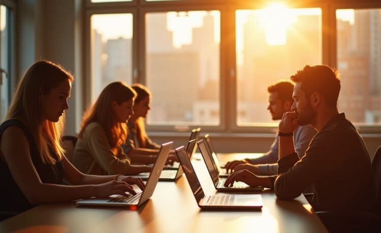 Ein hell erleuchtetes, modernes Büro mit Personen, die konzentriert an Laptops und Tablets arbeiten, während warme Sonnenstrahlen durch große Fenster fallen und eine freundliche, zugleich achtsame Atmosphäre schaffen, die die komplexe Herausforderung digitaler Sicherheitsrisiken wie Phishing subtil widerspiegelt.