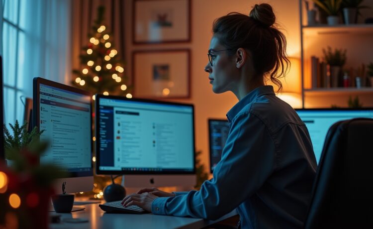 In einem lichtdurchfluteten Büro mit weihnachtlicher Dekoration sitzt eine konzentrierte Mitarbeiterin vor mehreren Bildschirmen, die E-Mails mit Warnhinweisen anzeigen, während warmes Tageslicht ihre entschlossene Miene sanft umspielt und eine beruhigende Atmosphäre von Wachsamkeit und Schutz ausstrahlt.