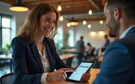 Eine warme, natürlich beleuchtete Momentaufnahme eines modernen Bankberaters in freundlicher Umgebung, der mit aufmerksamer Miene einem Kunden anhand eines Tablets sicherheitsrelevante Informationen erklärt, während im Hintergrund helle, offene Büroräume mit dezentem technologischen Equipment zu sehen sind, die Vertrauen und Innovation im Kampf gegen Phishing symbolisieren.