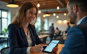 Eine warme, natürlich beleuchtete Momentaufnahme eines modernen Bankberaters in freundlicher Umgebung, der mit aufmerksamer Miene einem Kunden anhand eines Tablets sicherheitsrelevante Informationen erklärt, während im Hintergrund helle, offene Büroräume mit dezentem technologischen Equipment zu sehen sind, die Vertrauen und Innovation im Kampf gegen Phishing symbolisieren.