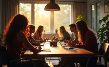 Eine helle, natürliche Aufnahmeszene in einem modernen Kreativbüro, in der leidenschaftliche Indie-Game-Entwickler*innen im warmen Tageslicht um einen Tisch versammelt sind, lebhaft diskutieren und an digitalen Prototypen arbeiten – sichtbar inspiriert vom Spannungsfeld zwischen menschlicher Kreativität und dem Einfluss Künstlicher Intelligenz.