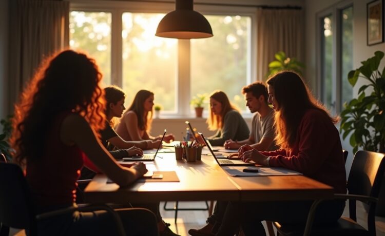 Eine helle, natürliche Aufnahmeszene in einem modernen Kreativbüro, in der leidenschaftliche Indie-Game-Entwickler*innen im warmen Tageslicht um einen Tisch versammelt sind, lebhaft diskutieren und an digitalen Prototypen arbeiten – sichtbar inspiriert vom Spannungsfeld zwischen menschlicher Kreativität und dem Einfluss Künstlicher Intelligenz.