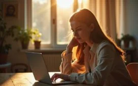 Eine warme, natürlich beleuchtete Szene zeigt eine nachdenkliche junge Frau mit Laptop in hellem, freundlichem Arbeitszimmer, die konzentriert über Datenschutz und digitale Privatsphäre nachdenkt, während sanftes Tageslicht durch das Fenster fällt und eine Atmosphäre von Vertrauen und Achtsamkeit erzeugt.