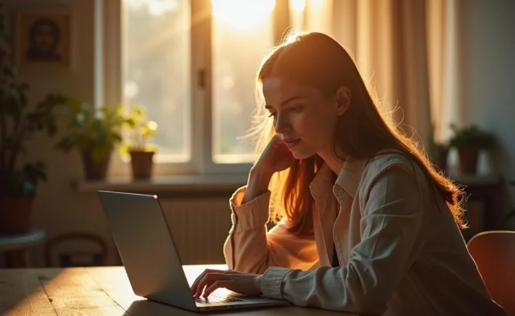 Eine warme, natürlich beleuchtete Szene zeigt eine nachdenkliche junge Frau mit Laptop in hellem, freundlichem Arbeitszimmer, die konzentriert über Datenschutz und digitale Privatsphäre nachdenkt, während sanftes Tageslicht durch das Fenster fällt und eine Atmosphäre von Vertrauen und Achtsamkeit erzeugt.