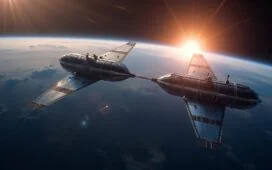 Ein hell erleuchtetes, realistisch inszeniertes Bild zeigt zwei moderne private Raumfahrzeuge in enger Orbit-Nähe vor dem tiefblauen Erdglobus, wobei warme Sonnenstrahlen sanft Metalloberflächen und feinste Details betonen und so die zukunftsweisende Dynamik und Innovationskraft der privatwirtschaftlichen Weltraumexpedition einladend vermitteln.