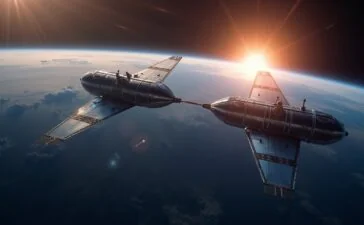 Ein hell erleuchtetes, realistisch inszeniertes Bild zeigt zwei moderne private Raumfahrzeuge in enger Orbit-Nähe vor dem tiefblauen Erdglobus, wobei warme Sonnenstrahlen sanft Metalloberflächen und feinste Details betonen und so die zukunftsweisende Dynamik und Innovationskraft der privatwirtschaftlichen Weltraumexpedition einladend vermitteln.