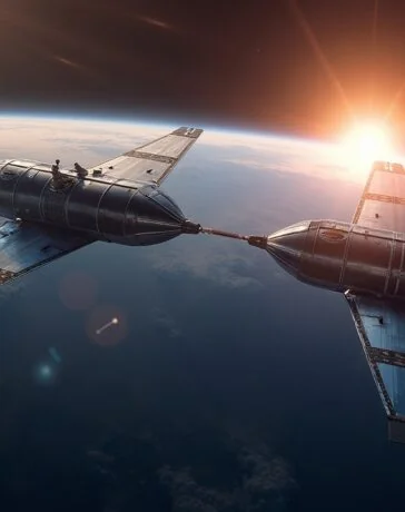 Ein hell erleuchtetes, realistisch inszeniertes Bild zeigt zwei moderne private Raumfahrzeuge in enger Orbit-Nähe vor dem tiefblauen Erdglobus, wobei warme Sonnenstrahlen sanft Metalloberflächen und feinste Details betonen und so die zukunftsweisende Dynamik und Innovationskraft der privatwirtschaftlichen Weltraumexpedition einladend vermitteln.