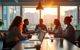 In einem hell erleuchteten, modernen Büro sitzen mehrere motivierte junge Fachleute entspannt um einen großen Tisch, lebhaft im Austausch, während warme Sonnenstrahlen durch große Fenster fallen und auf Bildschirmen flüssige Diagramme und komplexe Abläufe von KI-gestützten Prompt-Ketten scheinen, die den innovativen, kollaborativen Geist moderner Workflows lebendig einfangen.