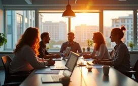 In einem hell erleuchteten, modernen Büro sitzen mehrere motivierte junge Fachleute entspannt um einen großen Tisch, lebhaft im Austausch, während warme Sonnenstrahlen durch große Fenster fallen und auf Bildschirmen flüssige Diagramme und komplexe Abläufe von KI-gestützten Prompt-Ketten scheinen, die den innovativen, kollaborativen Geist moderner Workflows lebendig einfangen.