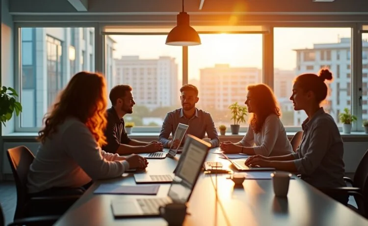 In einem hell erleuchteten, modernen Büro sitzen mehrere motivierte junge Fachleute entspannt um einen großen Tisch, lebhaft im Austausch, während warme Sonnenstrahlen durch große Fenster fallen und auf Bildschirmen flüssige Diagramme und komplexe Abläufe von KI-gestützten Prompt-Ketten scheinen, die den innovativen, kollaborativen Geist moderner Workflows lebendig einfangen.